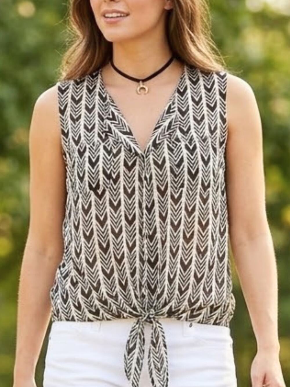 Chevron Tie Front Top Fun Flirt Sleeveless Blouse S
